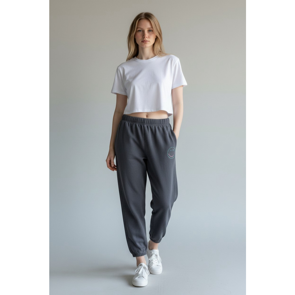 Miou Muse Josie Jogger Pants French Terry Charcoal Grey Smiley Face Size Med EUC - Picture 5 of 5